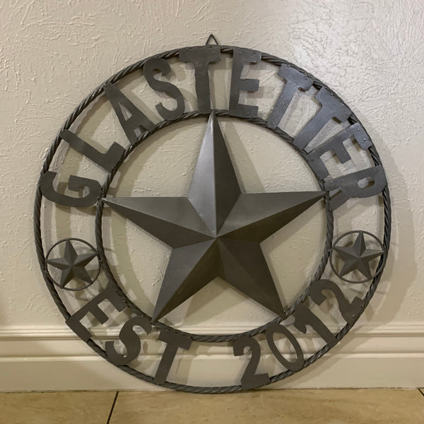 GLASTETTER STYLE YOUR CUSTOM NAME BARN STAR 3d METAL LONE STAR TWISTED ROPE RING WESTERN HOME DECOR RUSTIC GREY HANDMADE 24",32",36",50"