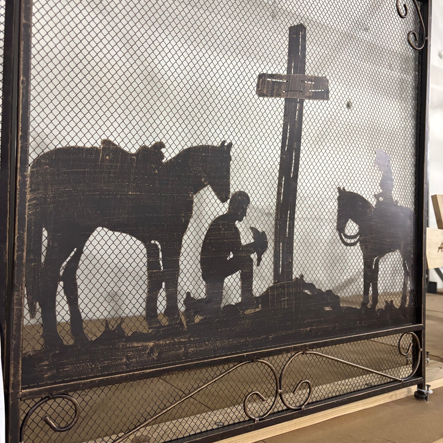 PRAYING COWBOY CHURCH METAL FIREPLACE SCREEN 39" X 34" WESTERN HOME DECOR HANDMADE #EH80004