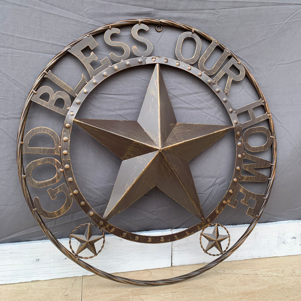 24" GOD BLESS OUR HOME BEADED STAR COLIBROX METAL TWISTED ROPE RING LONE STAR WALL ART WESTERN HOME DECOR RUSTIC DARK BRONZE COPPER HANDMADE NEW