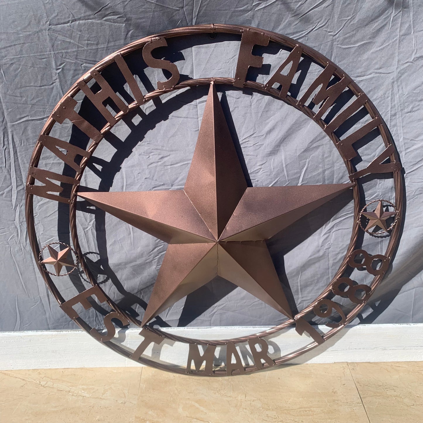 MATHIS STYLE CUSTOM NAME STAR BARN STAR 3d METAL LONESTAR TWISTED ROPE RING WESTERN HOME DECOR RUSTIC BRONZE COPPER HANDMADE 24",32",36",50"