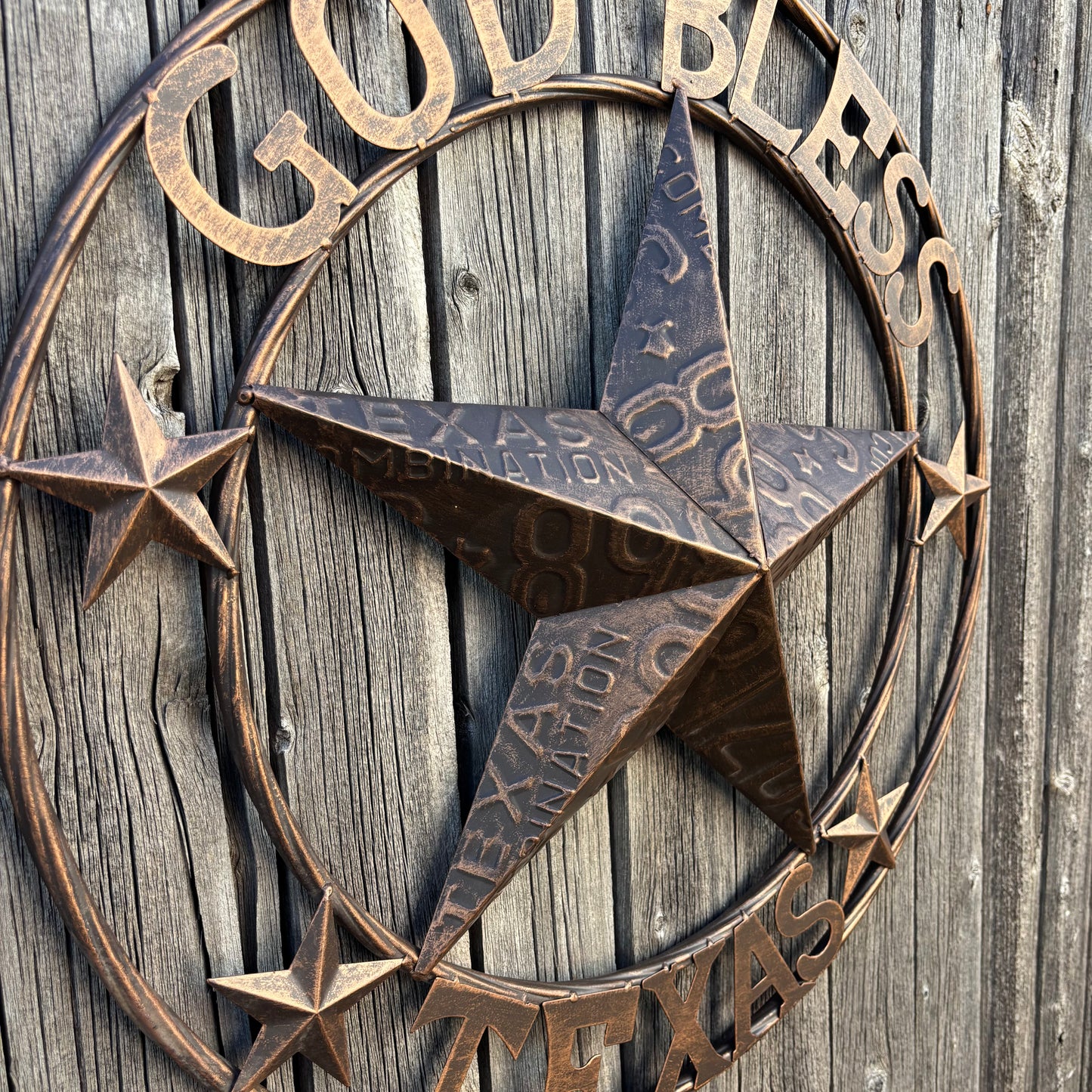 GOD BLESS TEXAS LICENSE PLATE EMBOSSED STAR BARN STAR METAL LONE STAR WESTERN HOME DECOR HANDMADE