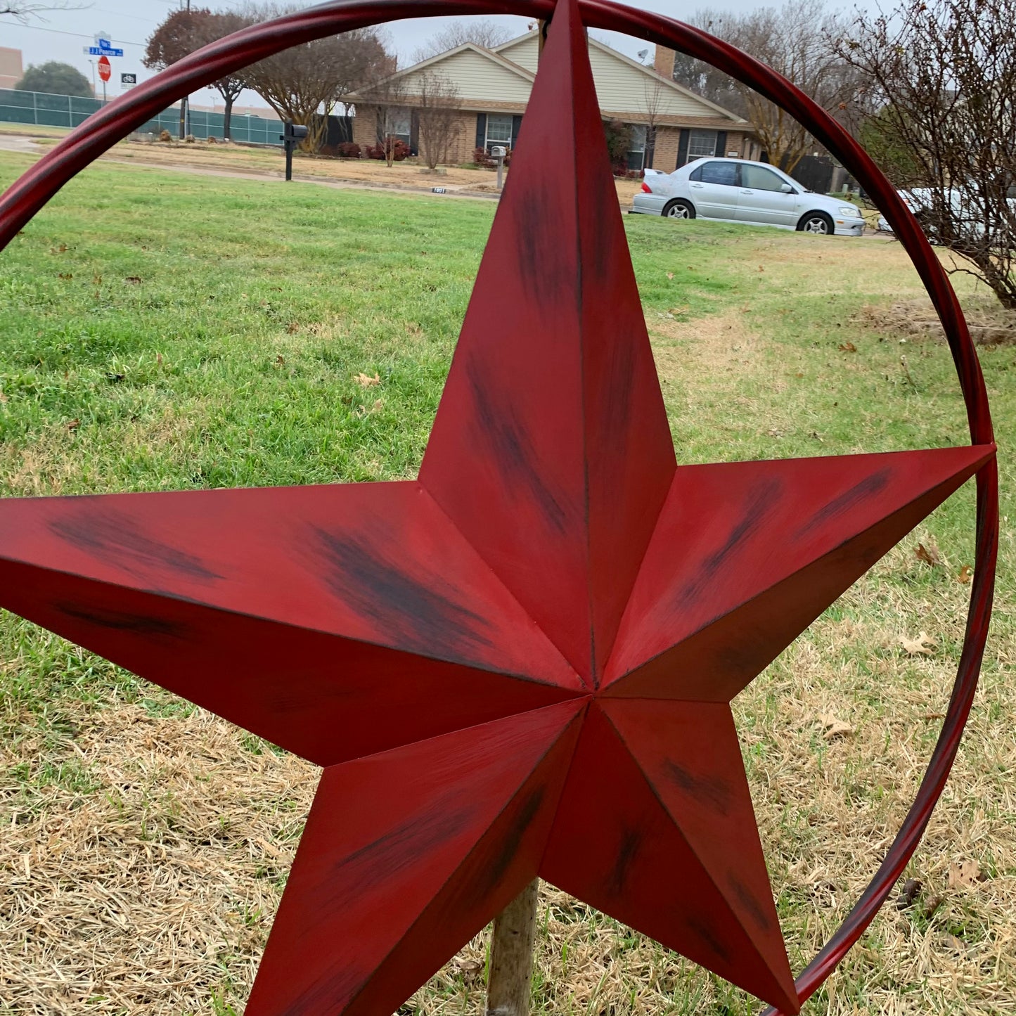 RED DISTRESSED STAR TWO TONE TEXTURE BARN STAR METAL LONESTAR TWISTED ROPE RING WESTERN HOME DECOR HANDMADE NEW #EH12958