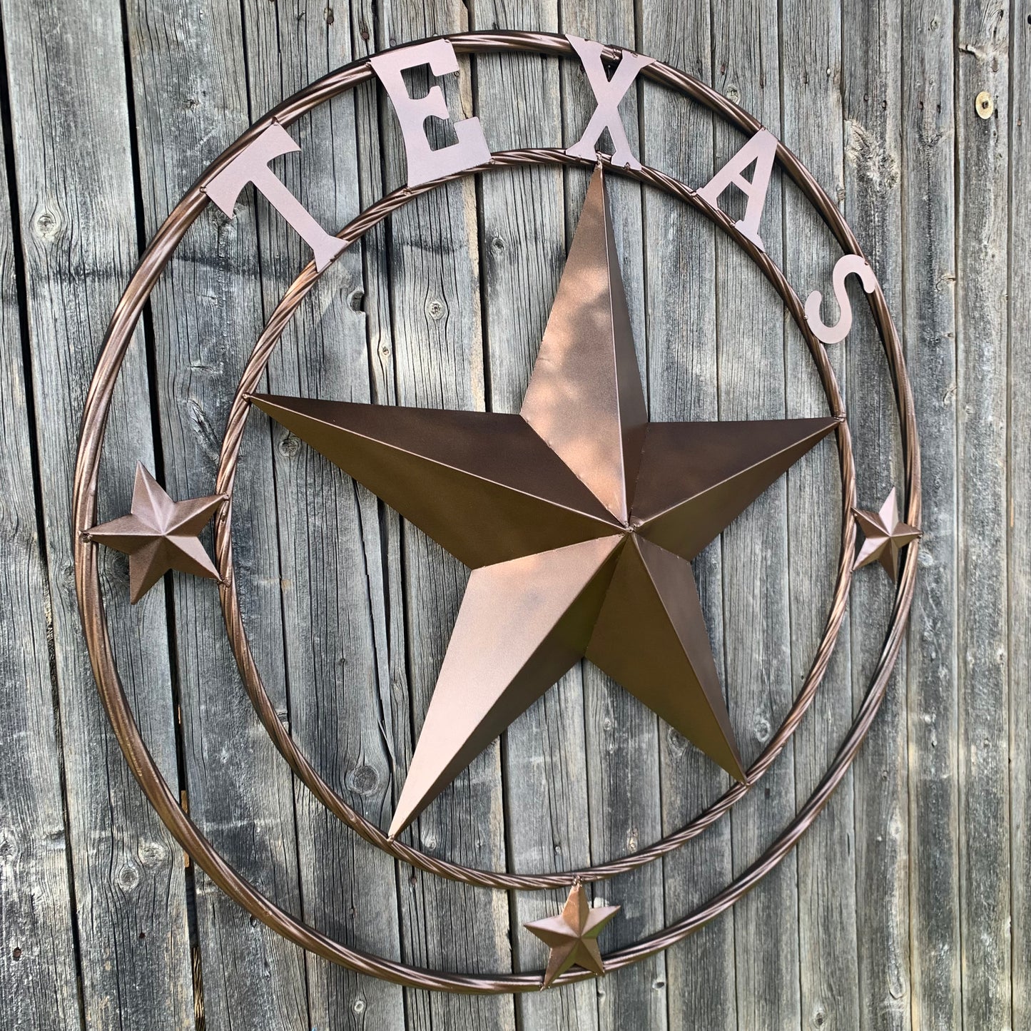 TEXAS LONESTAR WITH 3 SMALL STARS BARN STAR METAL RUSTIC BRONZE COPPER TWISTED ROPE RING WESTERN HOME DECOR HANDMADE NEW