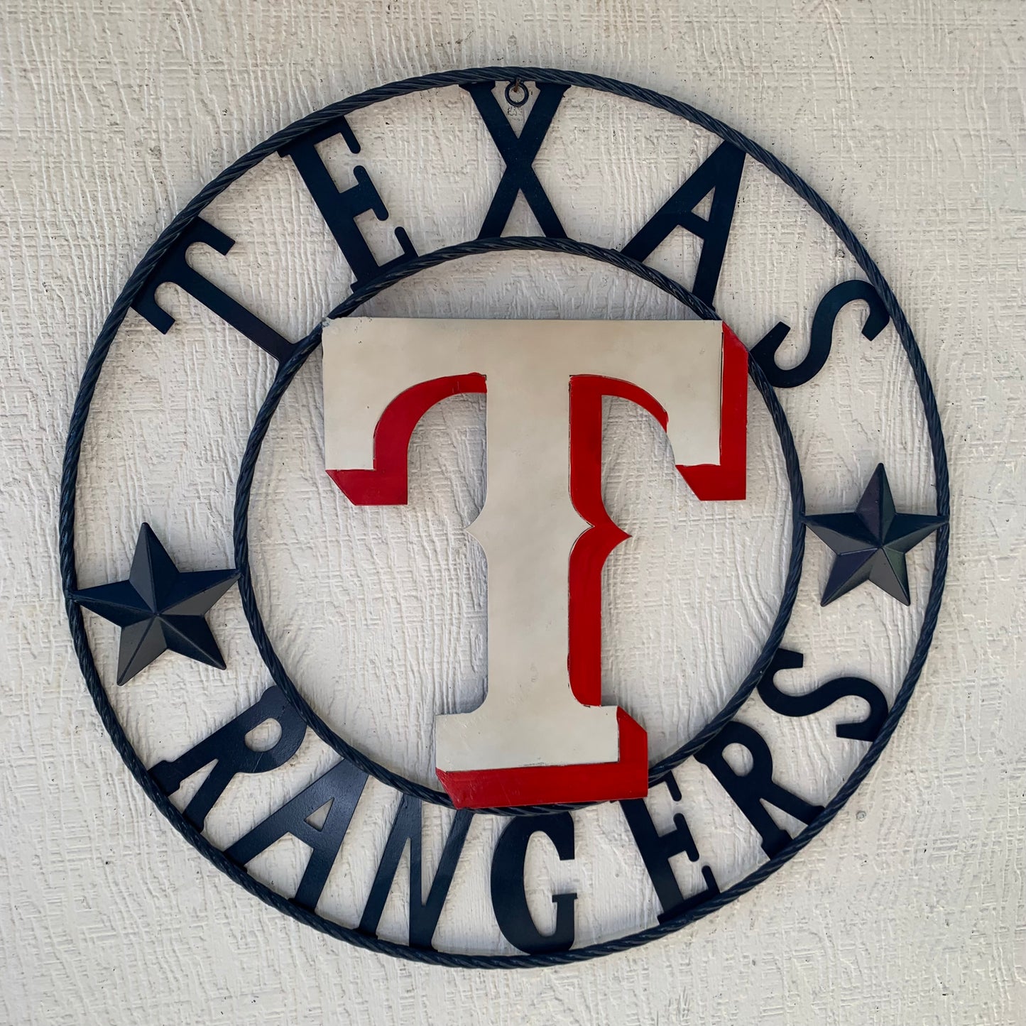 12", 18", 24", 32" TEXAS RANGERS BARN CUSTOM METAL VINTAGE CRAFT SIGN TEAM  WHITE & RED & NAVY BLUE RING & STAR HANDMADE