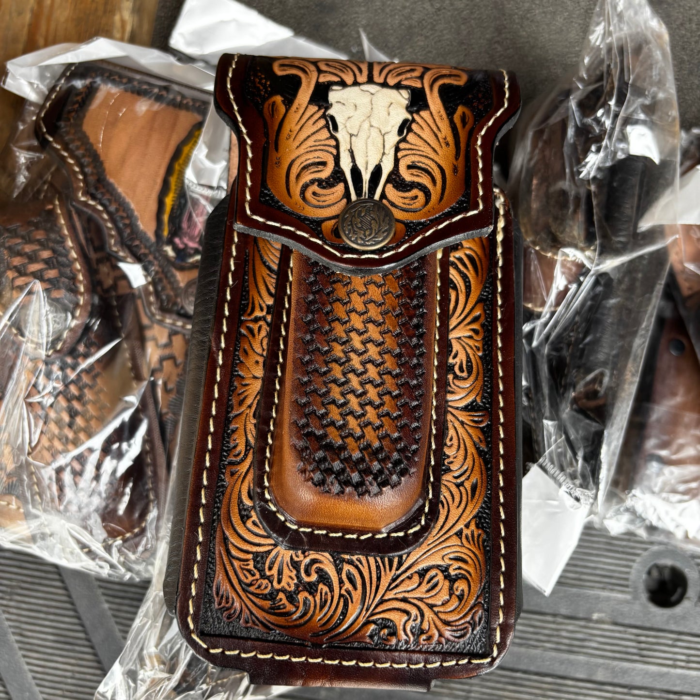 LONGHORN LEATHER HOLSTER 7" PHONE POUCH WITH KNIFE HOLDER FRONT EXTRA LARGE  BELT LOOP CELL PHONE CASE UNIVERSAL OVERSIZE MEXICO MADE #EH