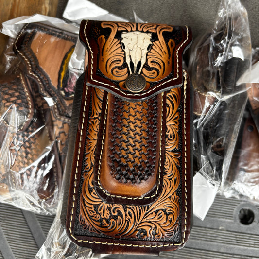 LONGHORN LEATHER HOLSTER 7" PHONE POUCH WITH KNIFE HOLDER FRONT EXTRA LARGE  BELT LOOP CELL PHONE CASE UNIVERSAL OVERSIZE MEXICO MADE #EH
