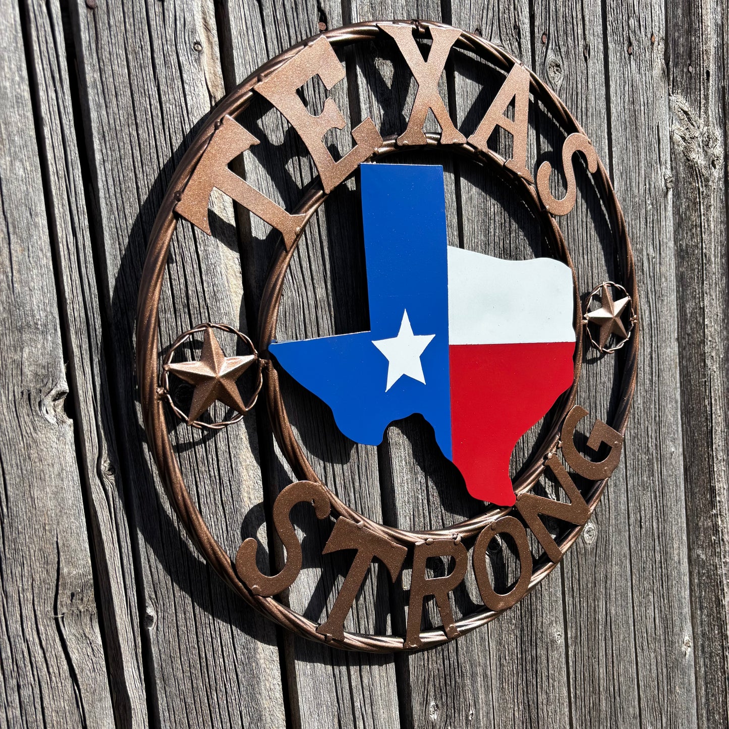 TEXAS STRONG SIGN METAL WALL ART WESTERN HOME DECOR RED WHITE BLUE WITH BRONZE RING HANDMADE #EH13212