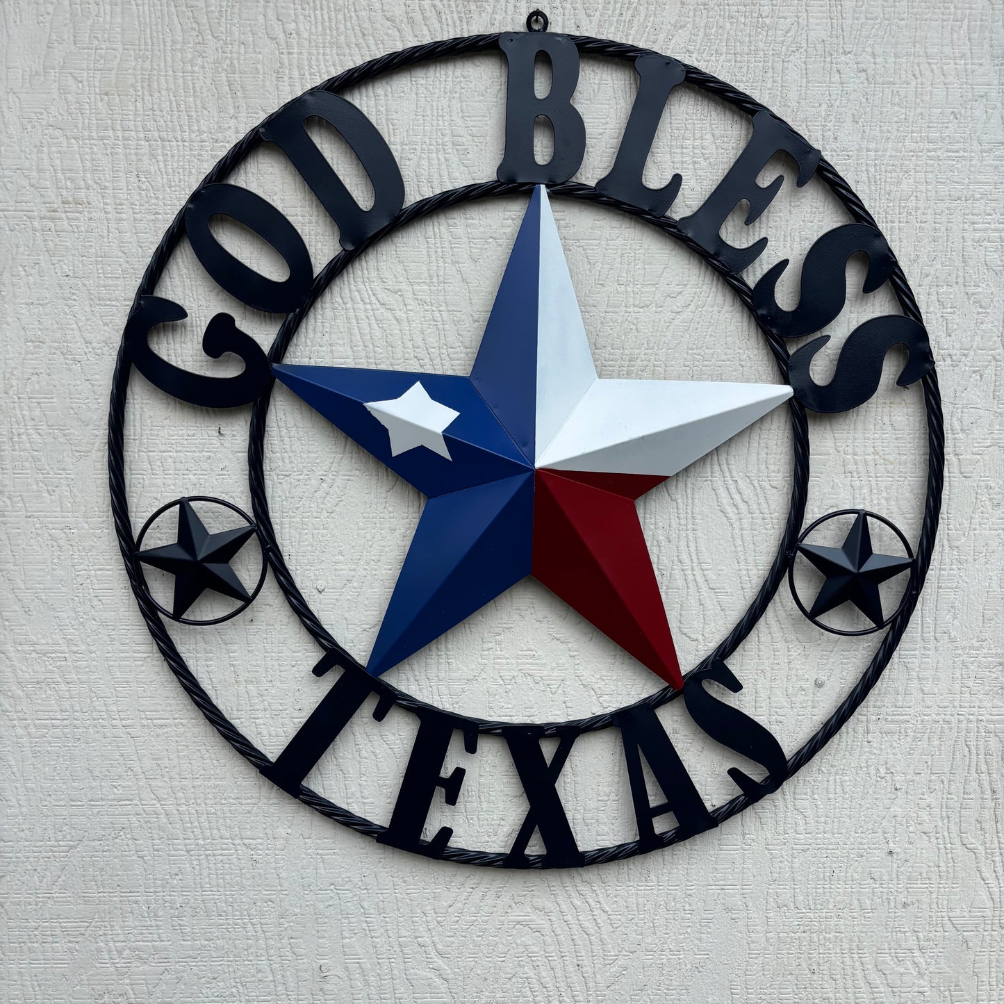 GOD BLESS TEXAS BARN STAR RED WHITE BLUE STAR WITH NAVY BLUE RING LONE STAR TWISTED ROPE RING WESTERN HOME DECOR HANDMADE