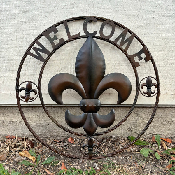 24" WELCOME FLEUR DE LIS METAL WALL ART WESTERN HOME DECOR BROWN NEW #EH11997