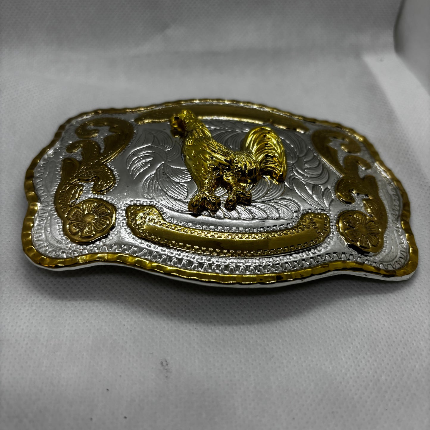 ROOSTER BELT BUCKLE GOLD SILVER WESTERN BUCKLE CRAFT HANDMADE 5.5" X 4" #EH13802