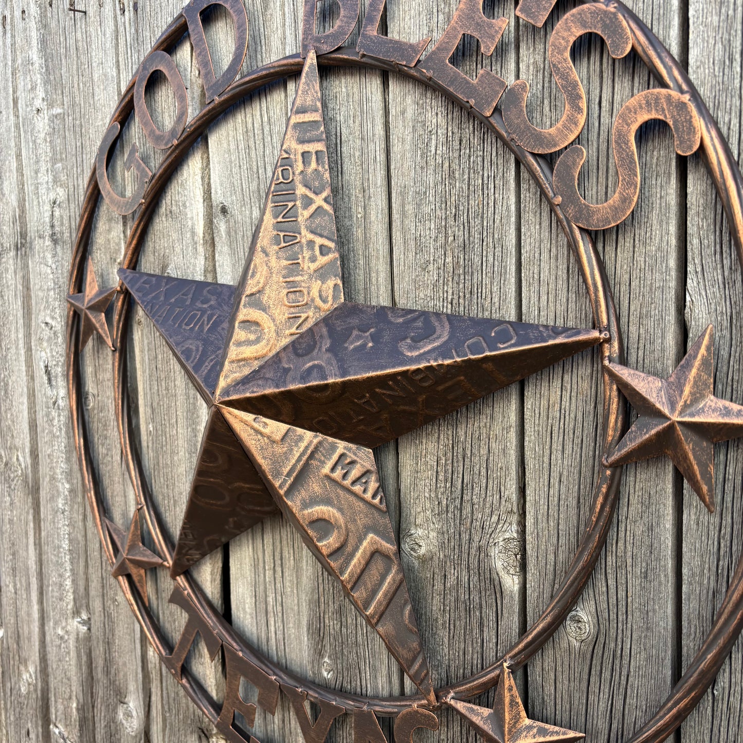 GOD BLESS TEXAS LICENSE PLATE EMBOSSED STAR BARN STAR METAL LONE STAR WESTERN HOME DECOR HANDMADE