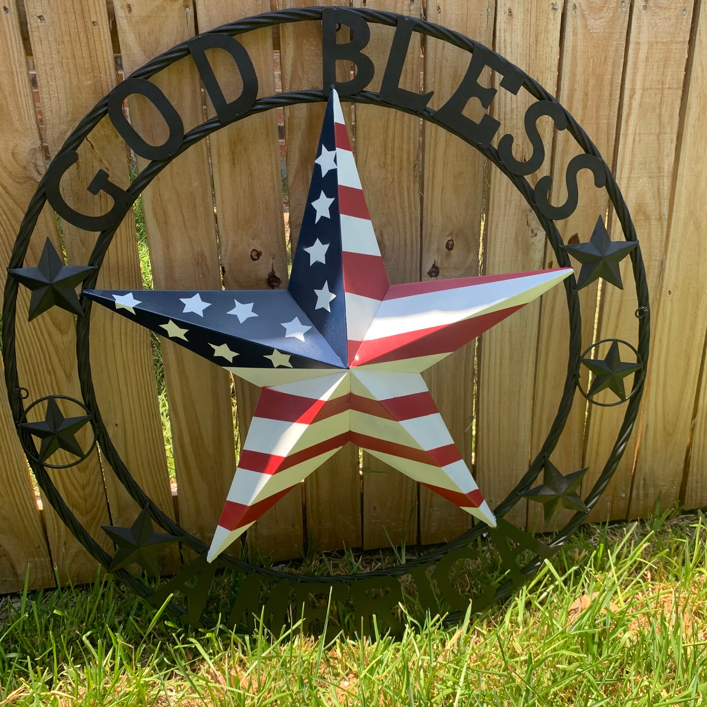 GOD BLESS AMERICA USA FLAG 3d STAR METAL BARN STAR BLACK TWISTED ROPE RING WALL ART WESTERN HOME DECOR RED WHITE & BLUE HANDMADE NEW #EH10490