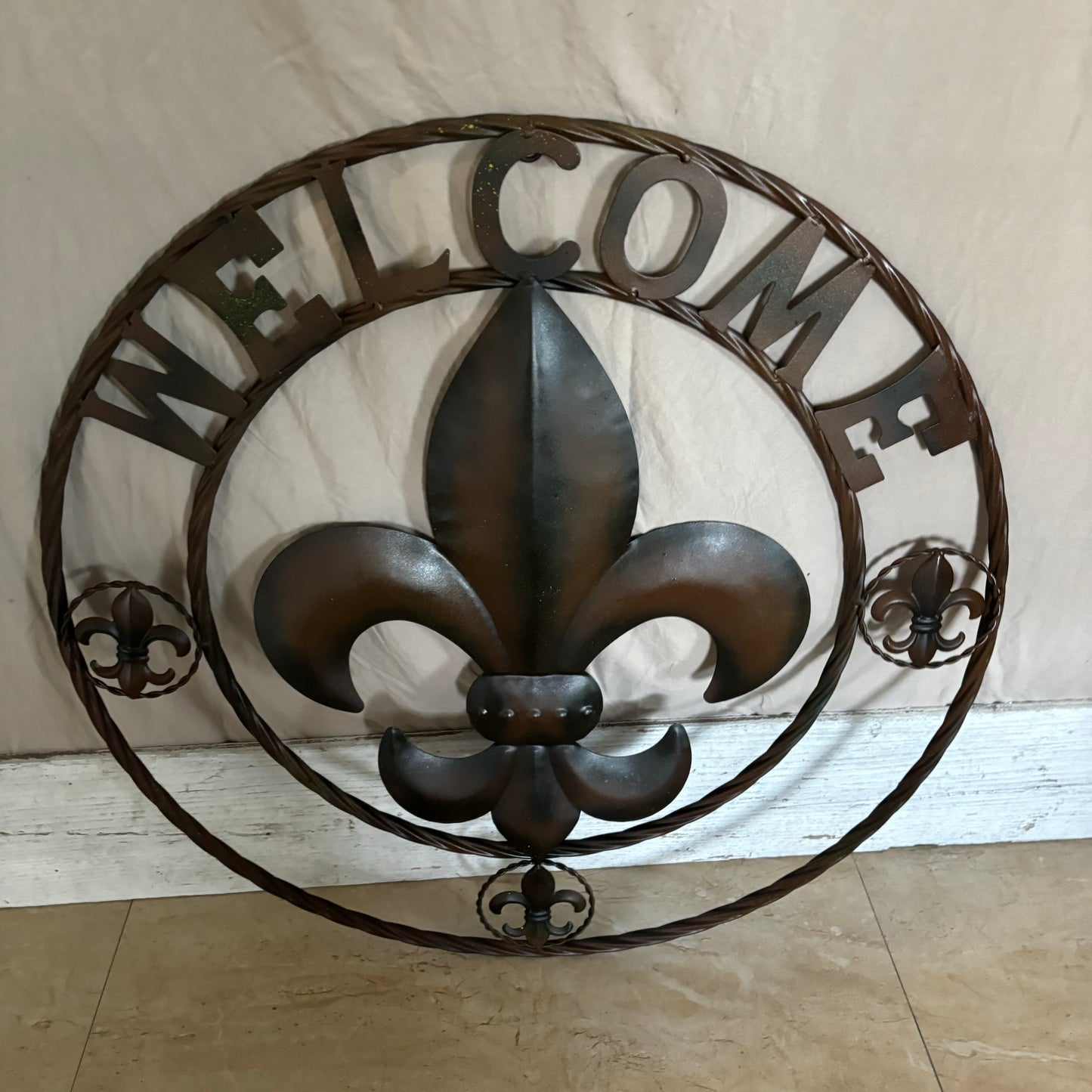 24" WELCOME FLEUR DE LIS METAL WALL ART WESTERN HOME DECOR BROWN NEW #EH11997