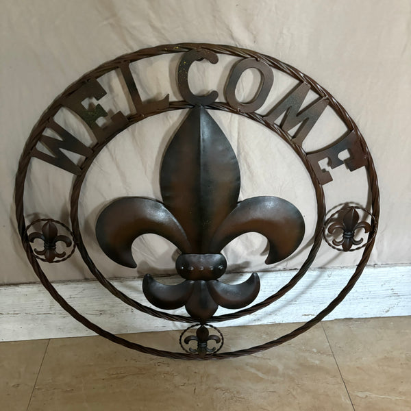 24" WELCOME FLEUR DE LIS METAL WALL ART WESTERN HOME DECOR BROWN NEW #EH11997