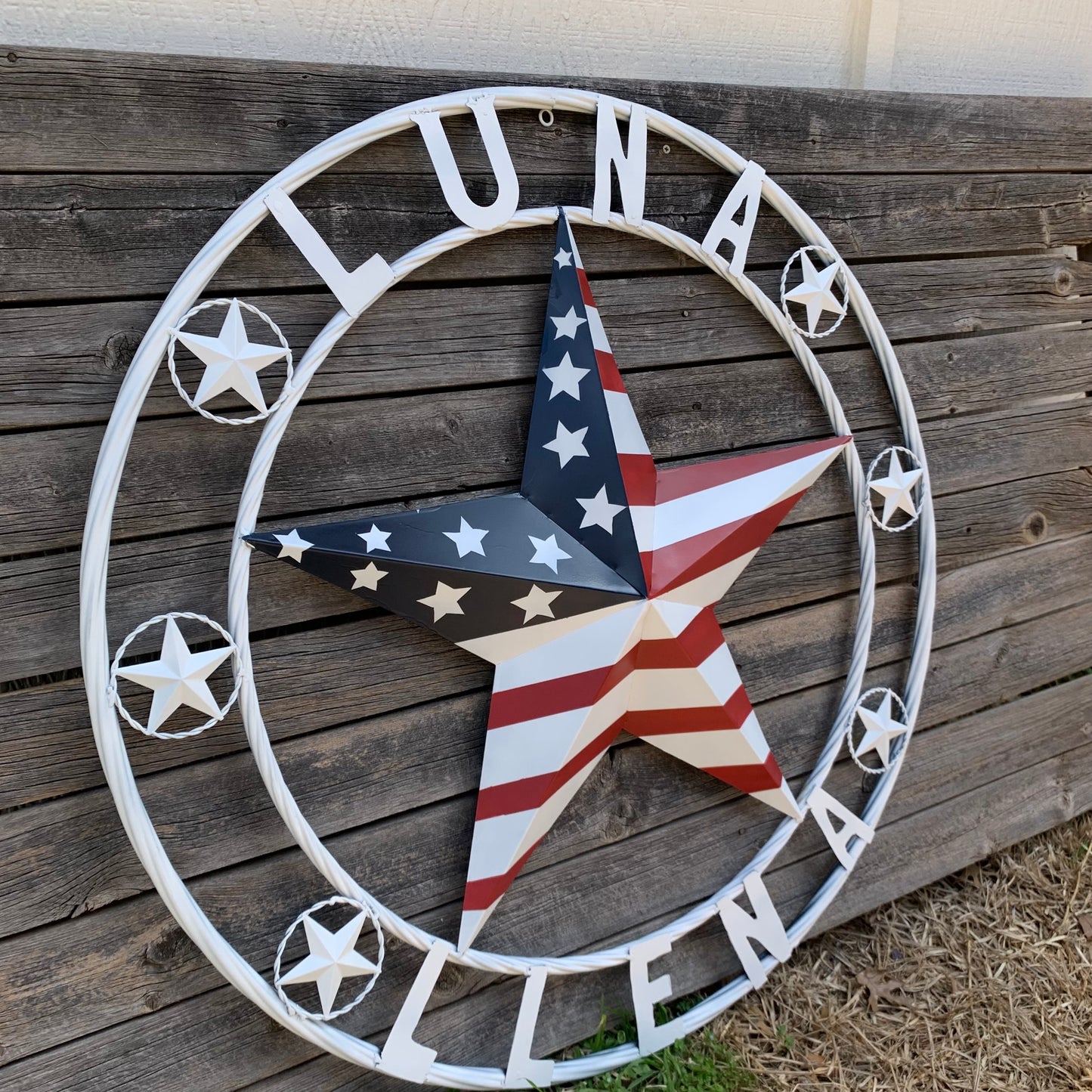 LUNA STYLE CUSTOM NAME BARN STAR METAL STAR 3d TWISTED ROPE RING WESTERN HOME DECOR USA FLAG STAR RED WHOTE & BLUE WITH WHITE RING HANDMADE 24",32",36",50"