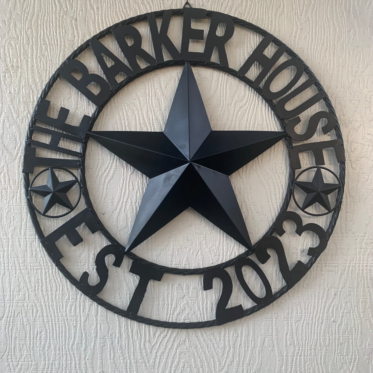 BARKER STYLE CUSTOM NAME STAR BARN METAL STAR 3d TWISTED ROPE RING LONESTAR WESTERN HOME DECOR RUSTIC BLACK HANDMADE 24",32",36",50"
