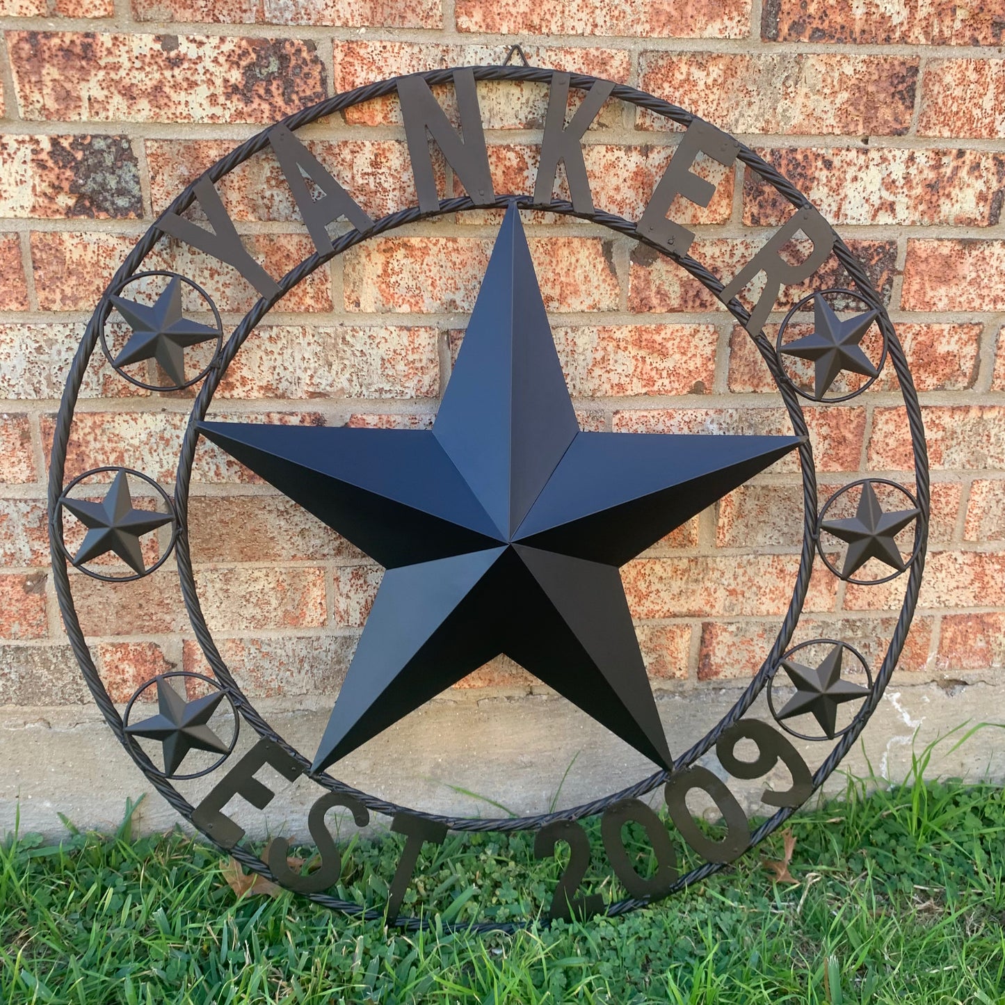 YANKER STYLE CUSTOM NAME STAR BARN METAL STAR 3d TWISTED ROPE RING WESTERN HOME DECOR RUSTIC BLACK HANDMADE 24",32",36",50"