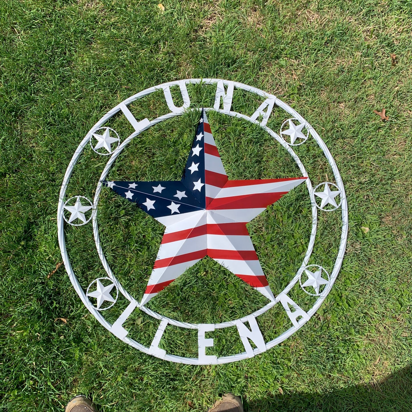 LUNA STYLE CUSTOM NAME BARN STAR METAL STAR 3d TWISTED ROPE RING WESTERN HOME DECOR USA FLAG STAR RED WHOTE & BLUE WITH WHITE RING HANDMADE 24",32",36",50"
