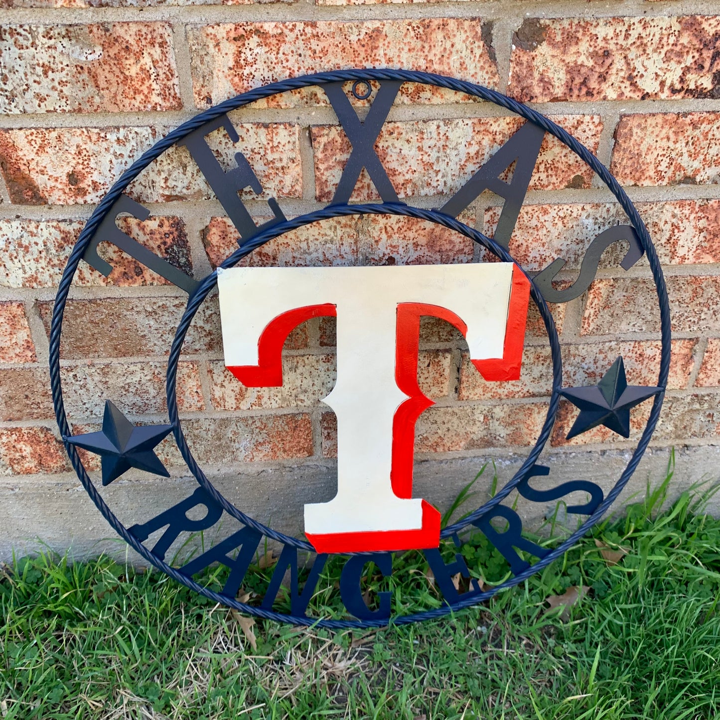 12", 18", 24", 32" TEXAS RANGERS BARN CUSTOM METAL VINTAGE CRAFT SIGN TEAM  WHITE & RED & NAVY BLUE RING & STAR HANDMADE