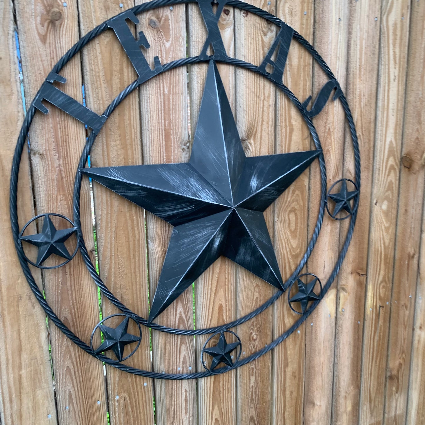 TEXAS BLACK DISTRESSED STAR TWO TONE TEXTURE BARN STAR METAL LONESTAR TWISTED ROPE RING WESTERN HOME DECOR HANDMADE NEW