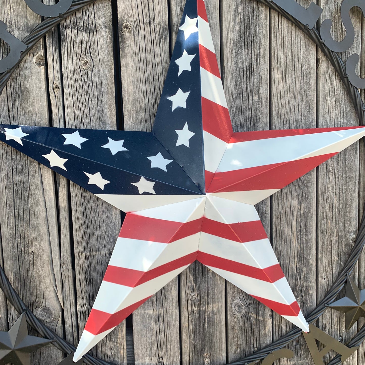 GOD BLESS AMERICA USA FLAG 3d STAR METAL BARN STAR BLACK TWISTED ROPE RING WALL ART WESTERN HOME DECOR RED WHITE & BLUE HANDMADE NEW #EH10490