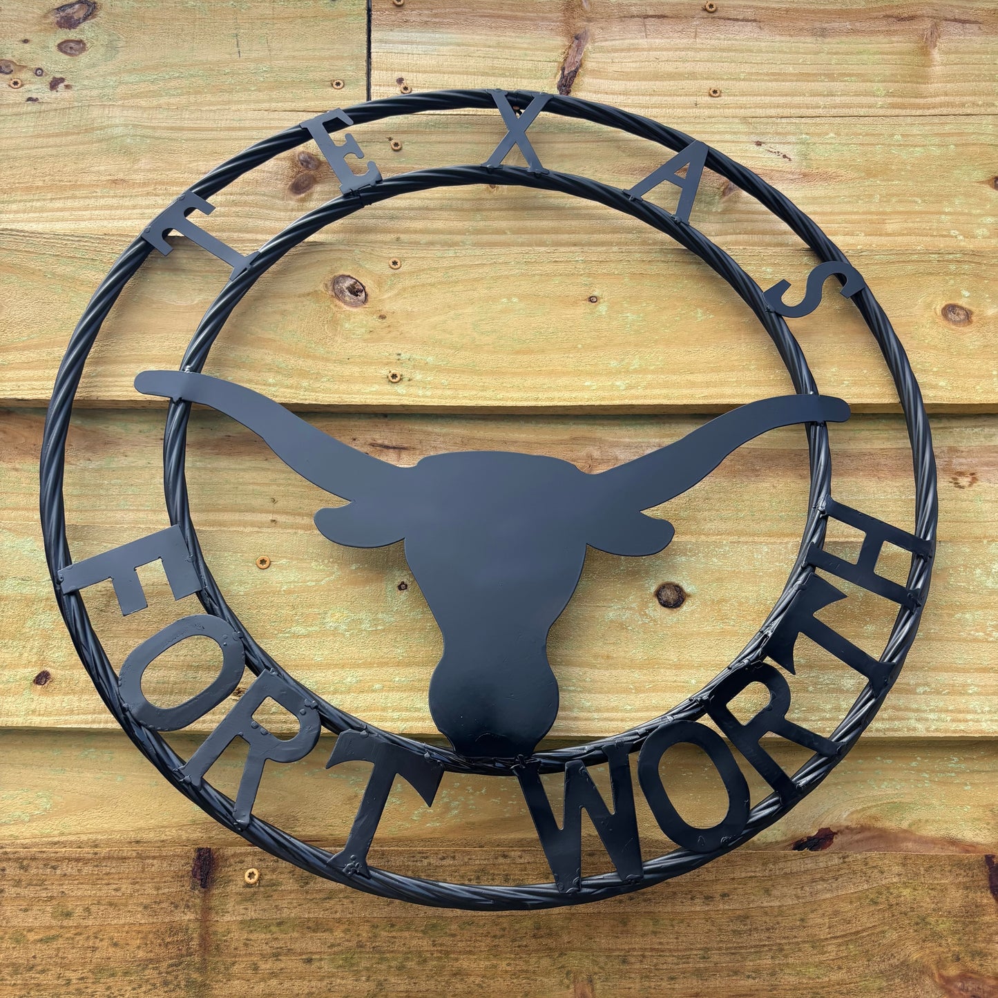 TEXAS FORT WORTH METAL SIGN LONGHORNS BLACK WESTERN HOME DECOR HANDMADE