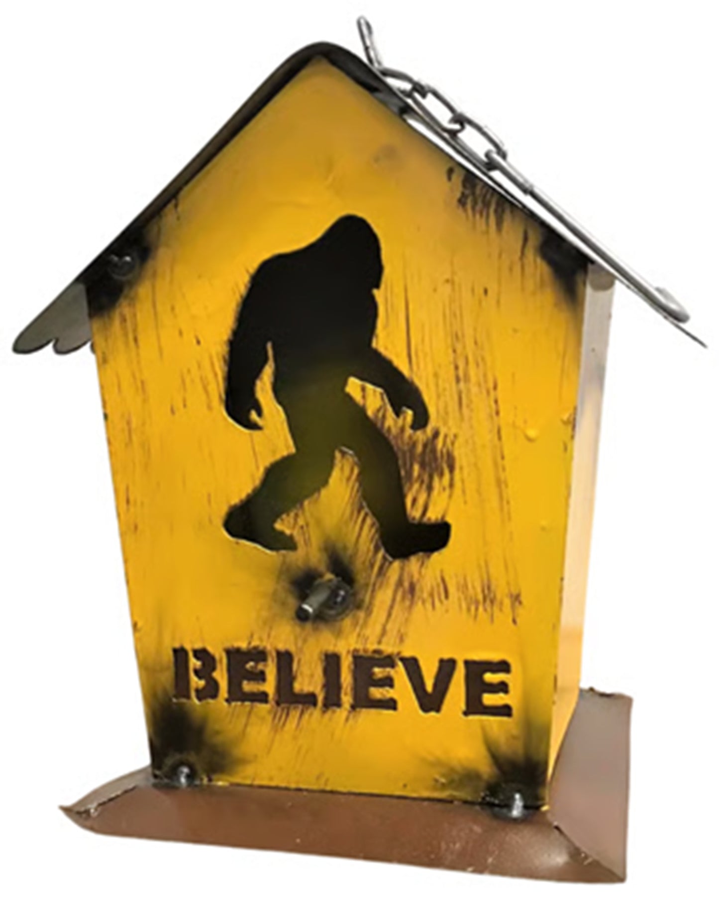 BIGFOOT BELIEVE BIRDHOUSE 12"H YELLOW METAL WESTERN HOME DECOR HANDMADE #EH13582