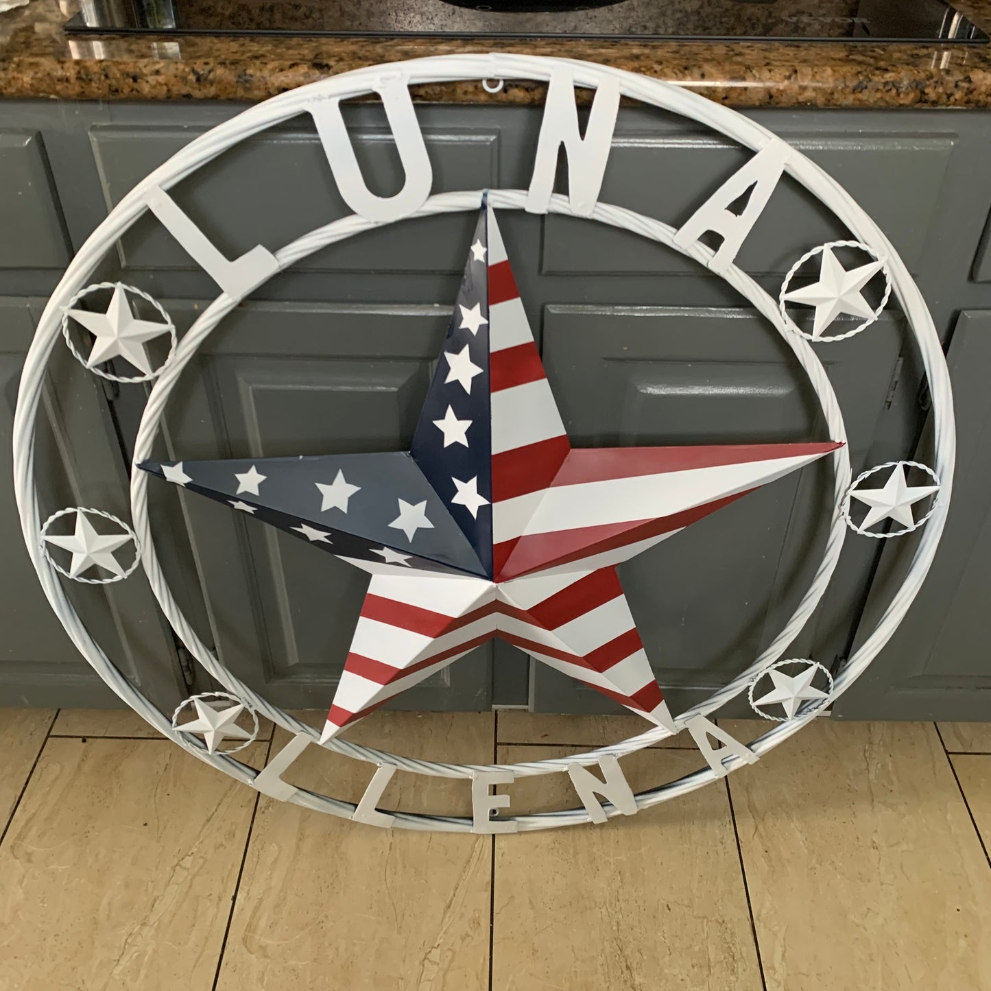 LUNA STYLE CUSTOM NAME BARN STAR METAL STAR 3d TWISTED ROPE RING WESTERN HOME DECOR USA FLAG STAR RED WHOTE & BLUE WITH WHITE RING HANDMADE 24",32",36",50"
