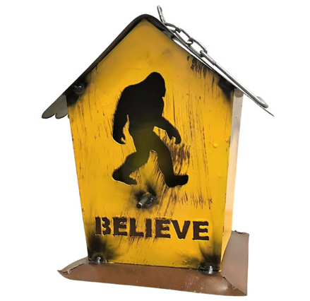 BIGFOOT BELIEVE BIRDHOUSE 12"H YELLOW METAL WESTERN HOME DECOR HANDMADE #EH13582