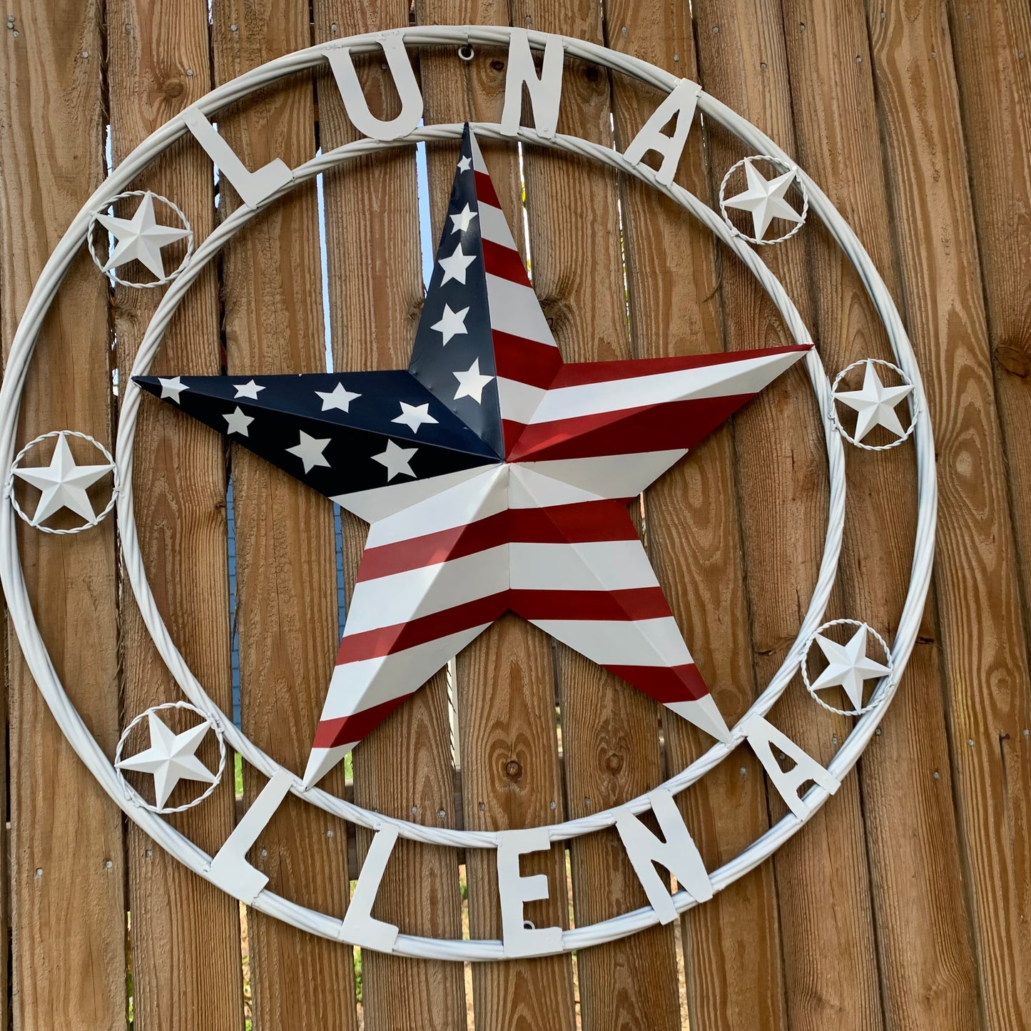 LUNA STYLE CUSTOM NAME BARN STAR METAL STAR 3d TWISTED ROPE RING WESTERN HOME DECOR USA FLAG STAR RED WHOTE & BLUE WITH WHITE RING HANDMADE 24",32",36",50"