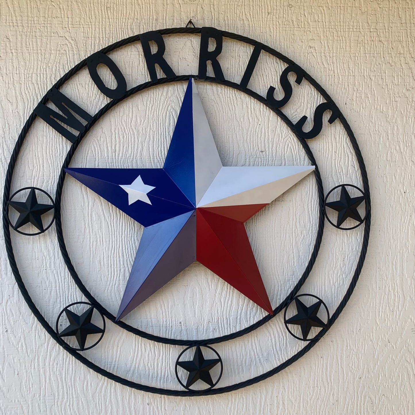 MORRISS TEXAS FLAG STYLE CUSTOM NAME STAR TWISTED ROPE BLACK RING WESTERN HOME DECOR HANDMADE