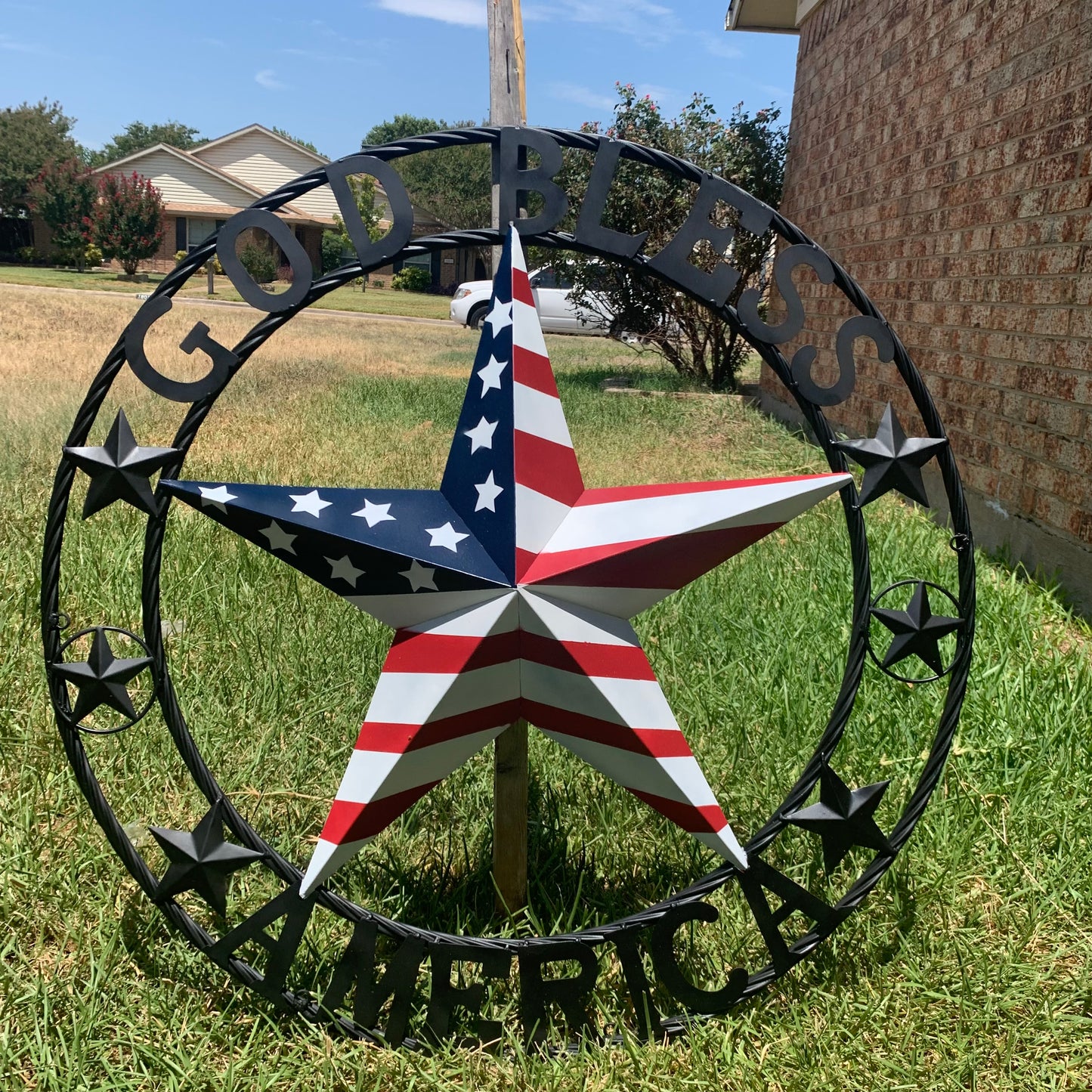 GOD BLESS AMERICA USA FLAG 3d STAR METAL BARN STAR BLACK TWISTED ROPE RING WALL ART WESTERN HOME DECOR RED WHITE & BLUE HANDMADE NEW #EH10490