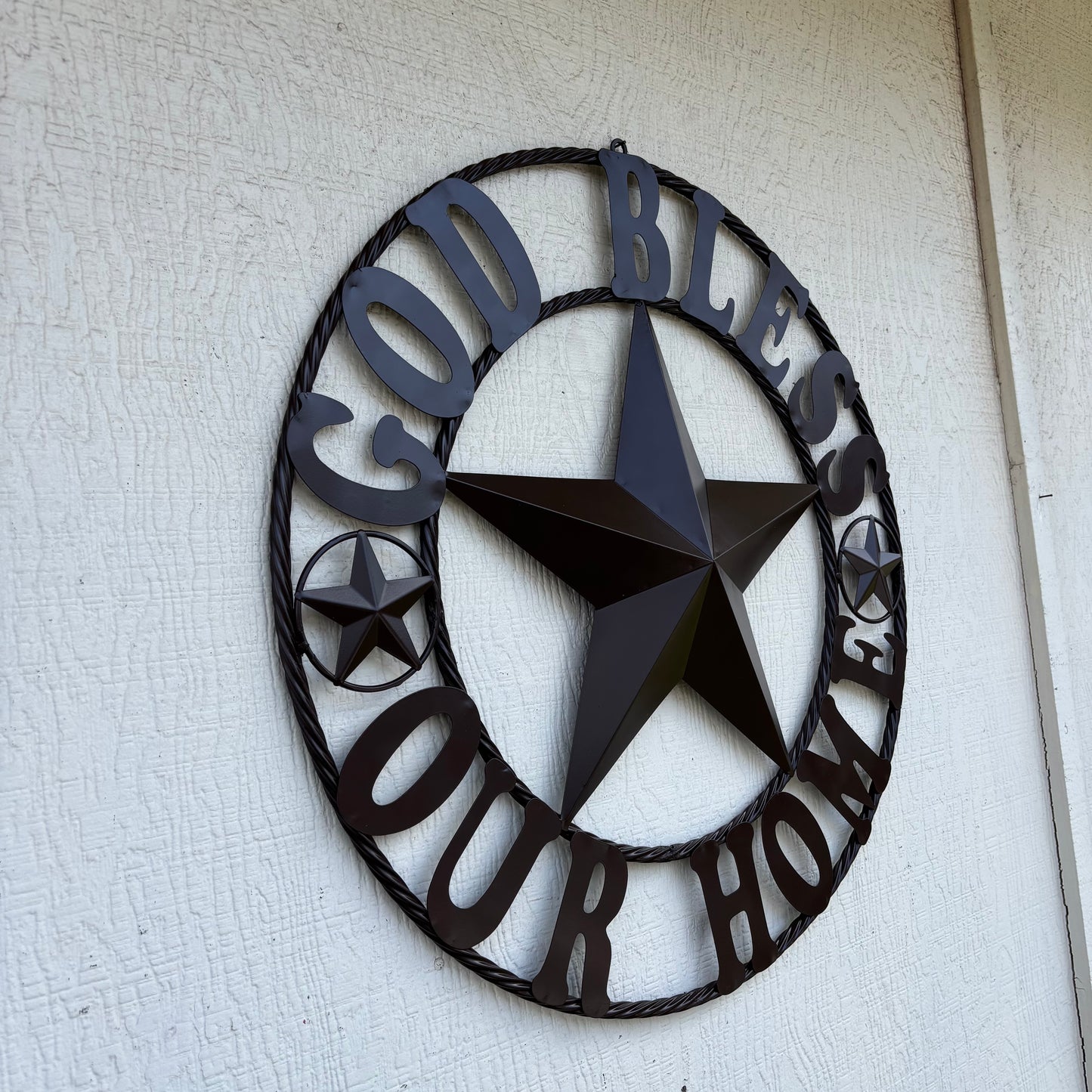 GOD BLESS OUR HOME BLACK BARN STAR METAL LONE STAR TWISTED ROPE RING WESTERN HOME DECOR HANDMADE #EH10941