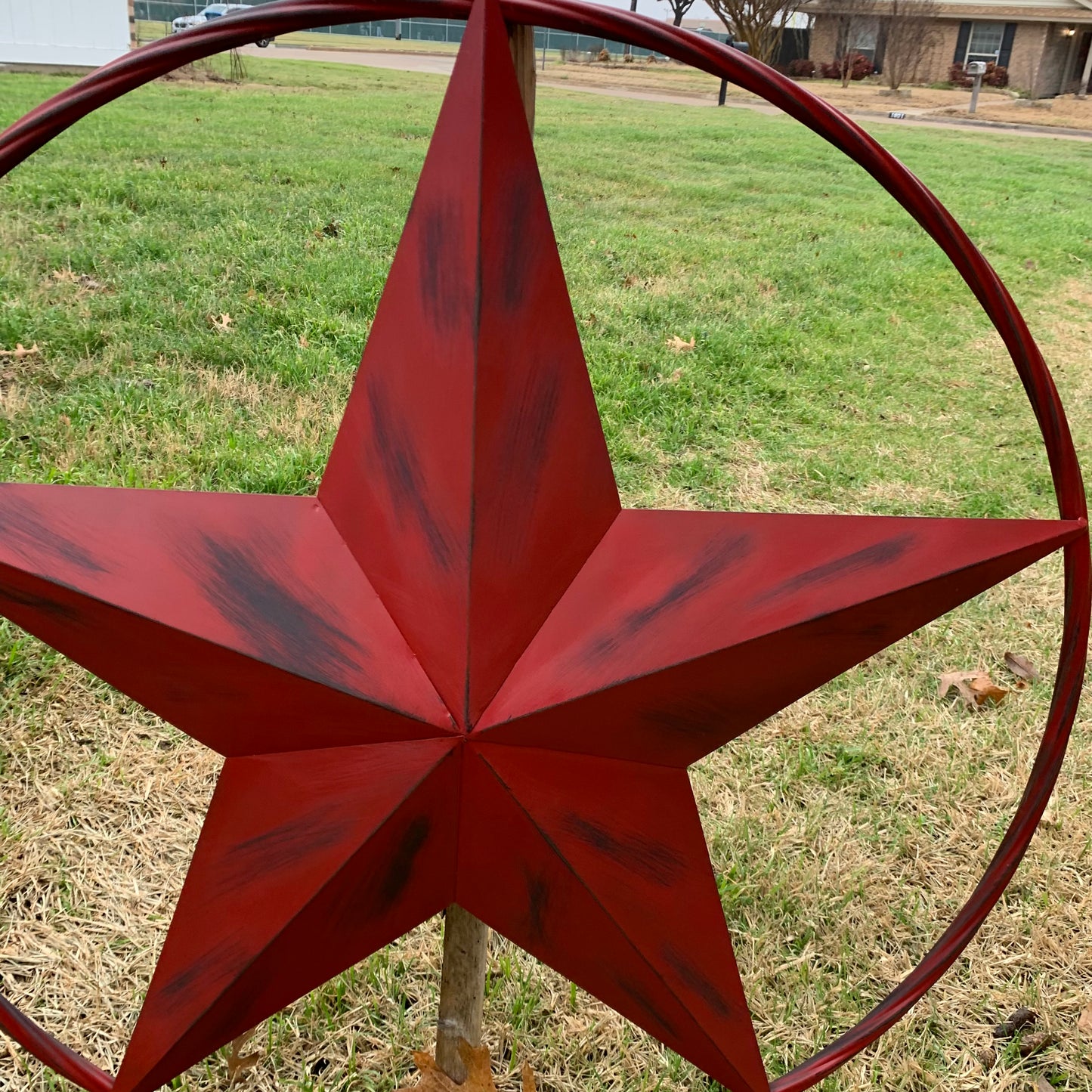 RED DISTRESSED STAR TWO TONE TEXTURE BARN STAR METAL LONESTAR TWISTED ROPE RING WESTERN HOME DECOR HANDMADE NEW #EH12958