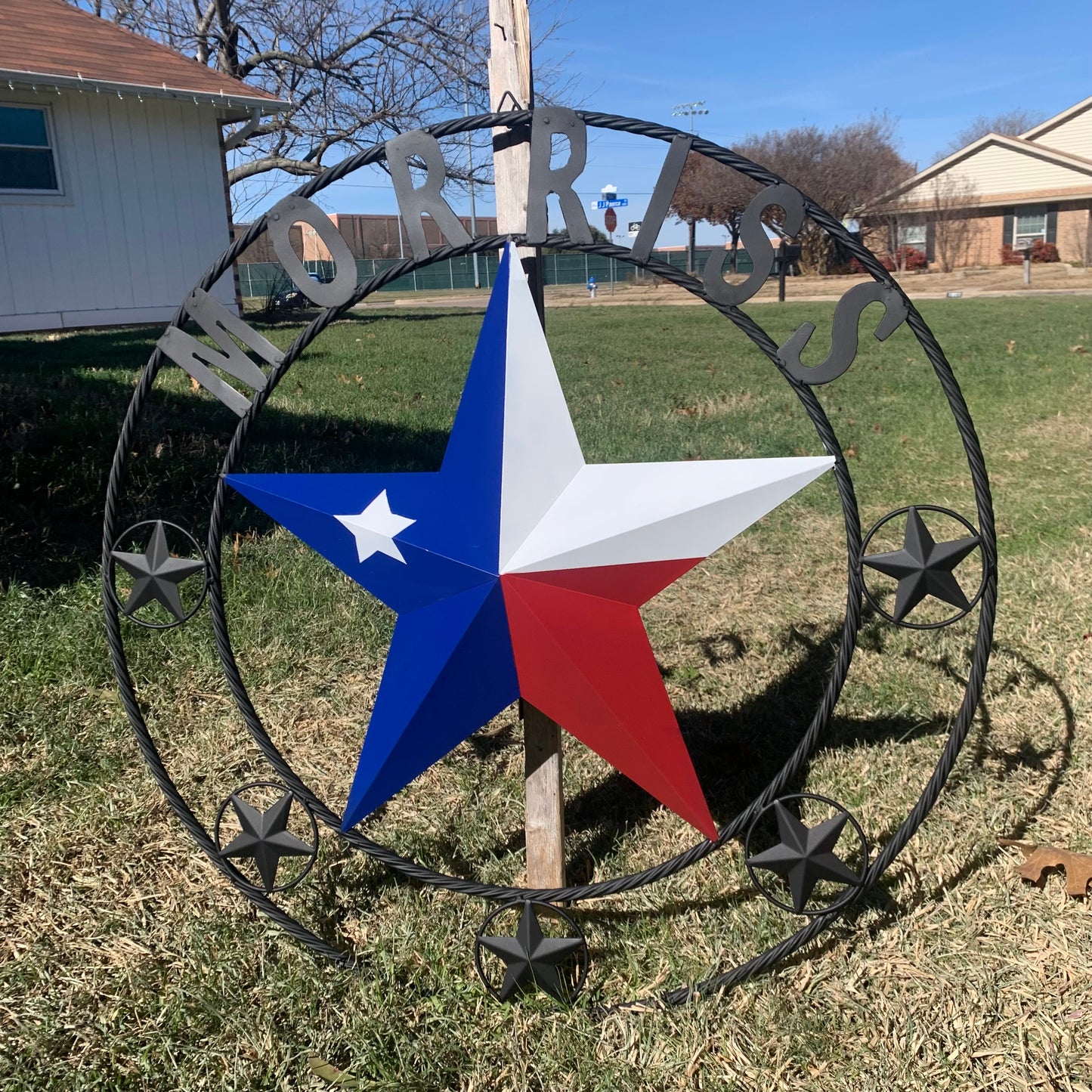 MORRISS TEXAS FLAG STYLE CUSTOM NAME STAR TWISTED ROPE BLACK RING WESTERN HOME DECOR HANDMADE