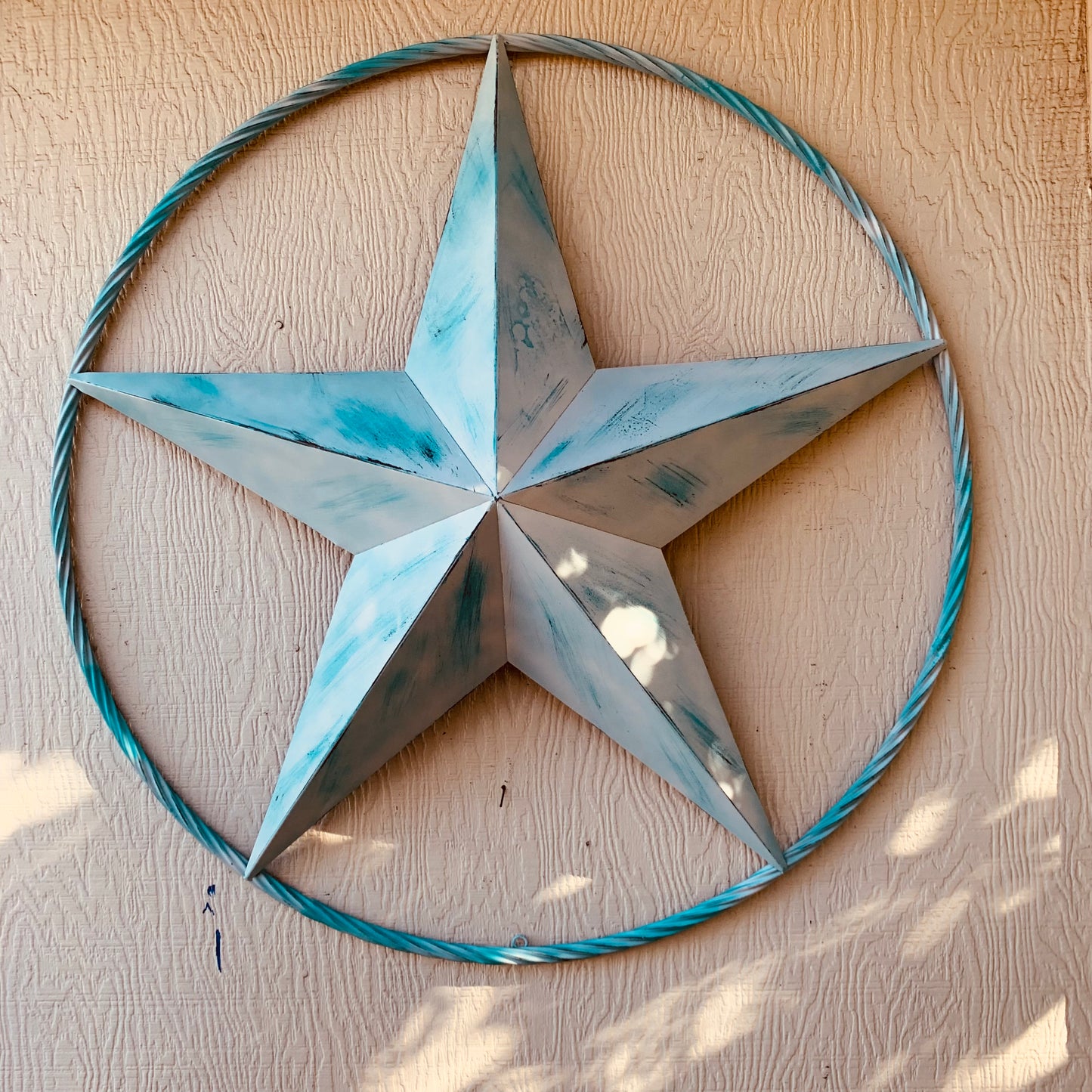 #EH11219 TURQUOISE WHITE DISTRESSED STAR TWO TONE TEXTURE BARN STAR METAL LONESTAR TWISTED ROPE RING WESTERN HOME DECOR HANDMADE NEW
