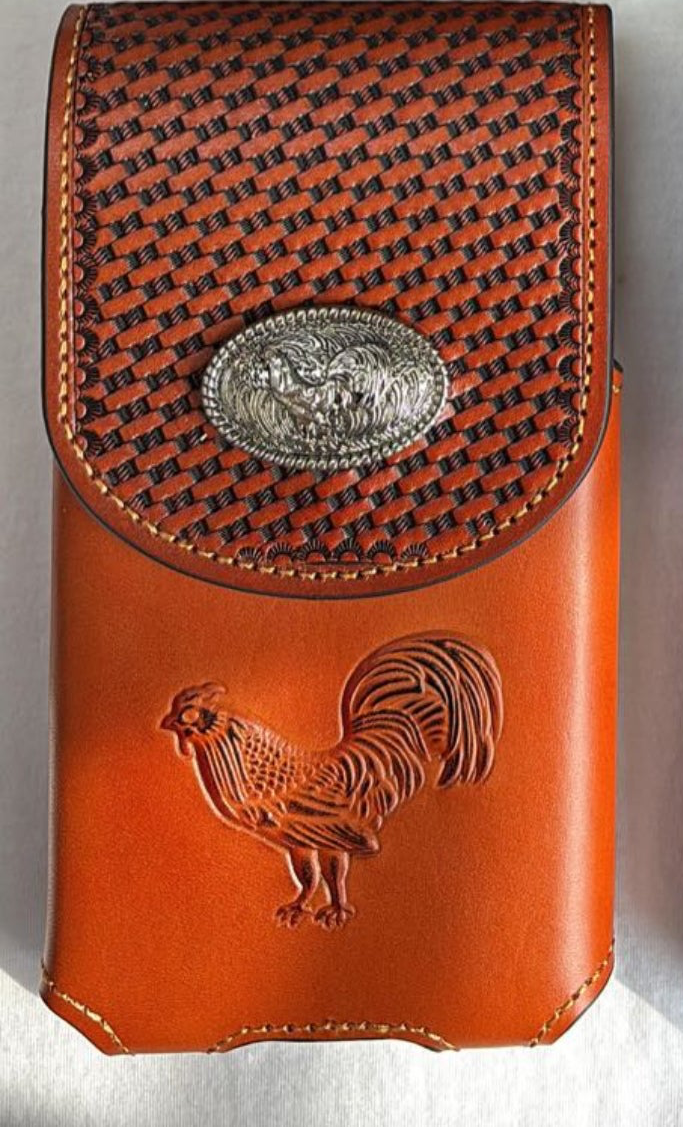 7" ROOSTER BLACK EMBOSSED LEATHER POUCH EXTRA LARGE  BELT LOOP HOLSTER CELL PHONE CASE UNIVERSAL OVERSIZE #EH12924--FREE SHIPPING
