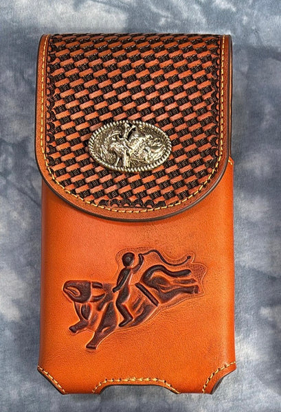 7" RODEO BULL RIDER LEATHER POUCH EXTRA LARGE  BELT LOOP HOLSTER CELL PHONE CASE UNIVERSAL OVERSIZE HANDMADE