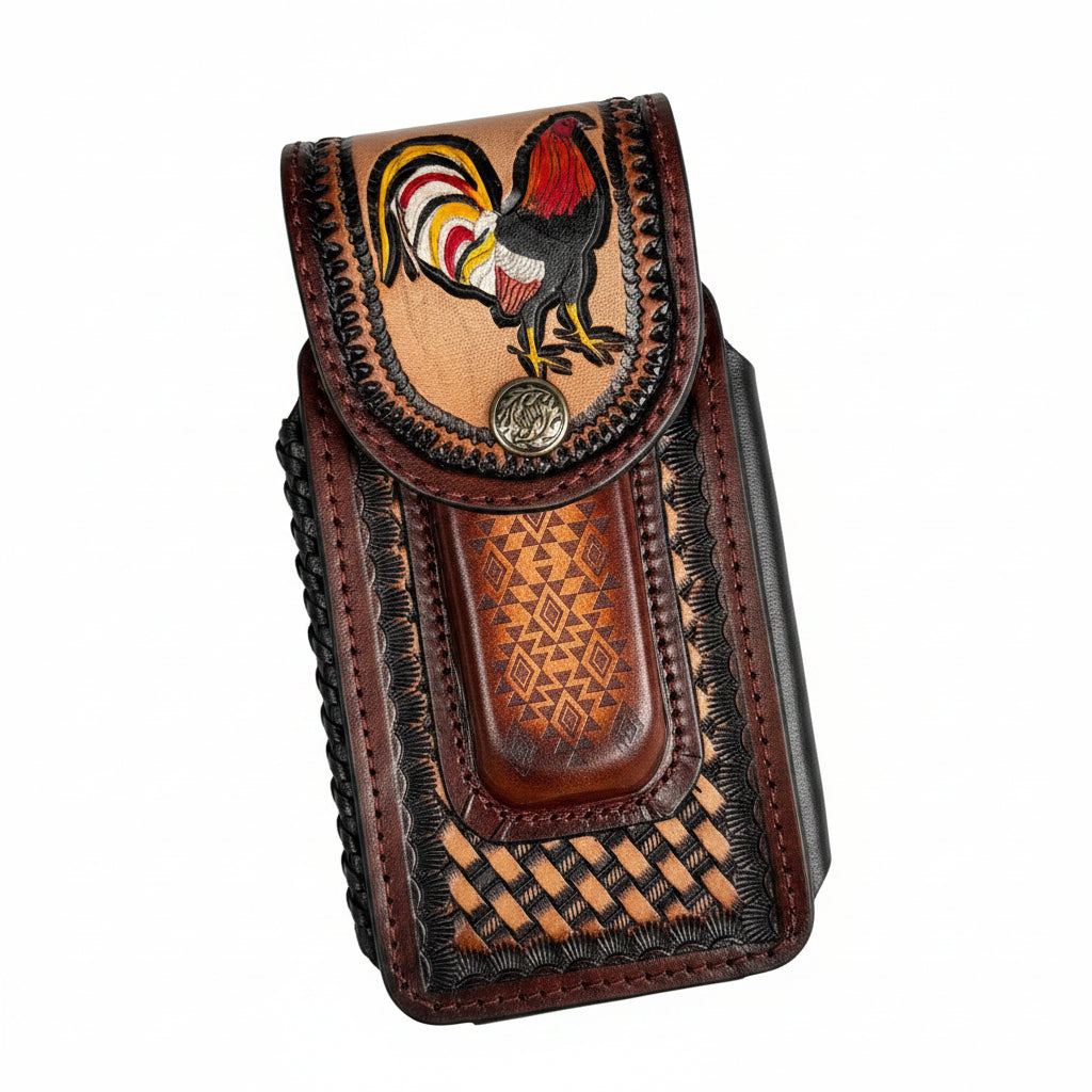 ROOSTER LEATHER HOLSTER 7" PHONE POUCH WITH KNIFE HOLDER FRONT EXTRA LARGE  BELT LOOP CELL PHONE CASE UNIVERSAL OVERSIZE MADE IN MEXICO #EH13860