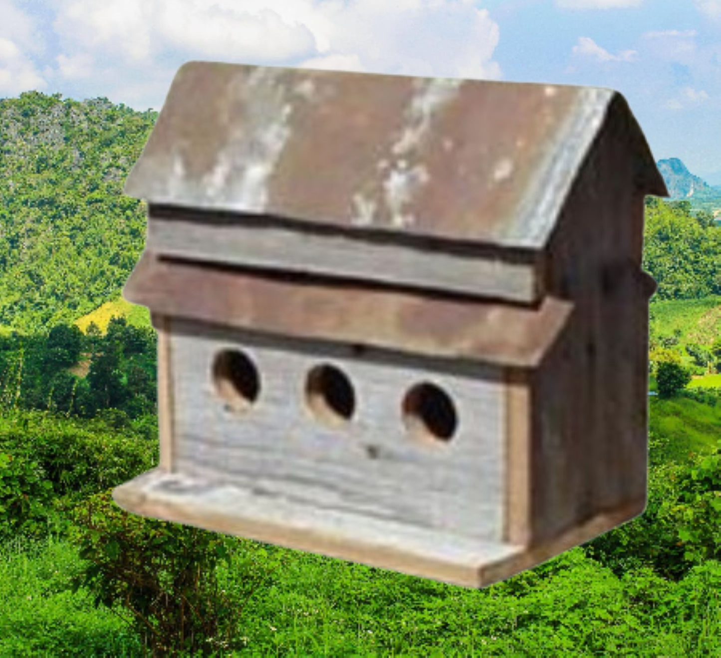 3 HOLE BIRDHOUSE 13"H BARN WOOD WESTERN HOME DECOR HANDMADE #EH13587