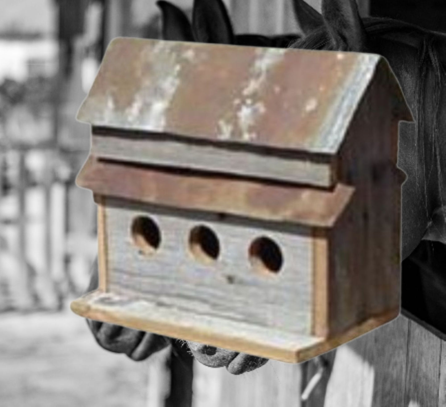 3 HOLE BIRDHOUSE 13"H BARN WOOD WESTERN HOME DECOR HANDMADE #EH13587