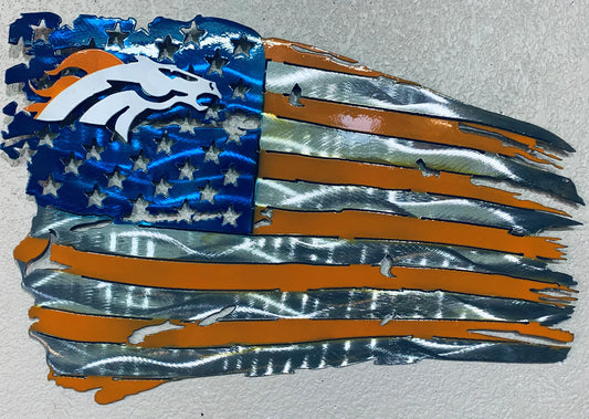 BRONCOS TATTERED FLAG CUSTOM VINTAGE CRAFT TEAM WALL ART WESTERN HOME DECOR HANDMADE