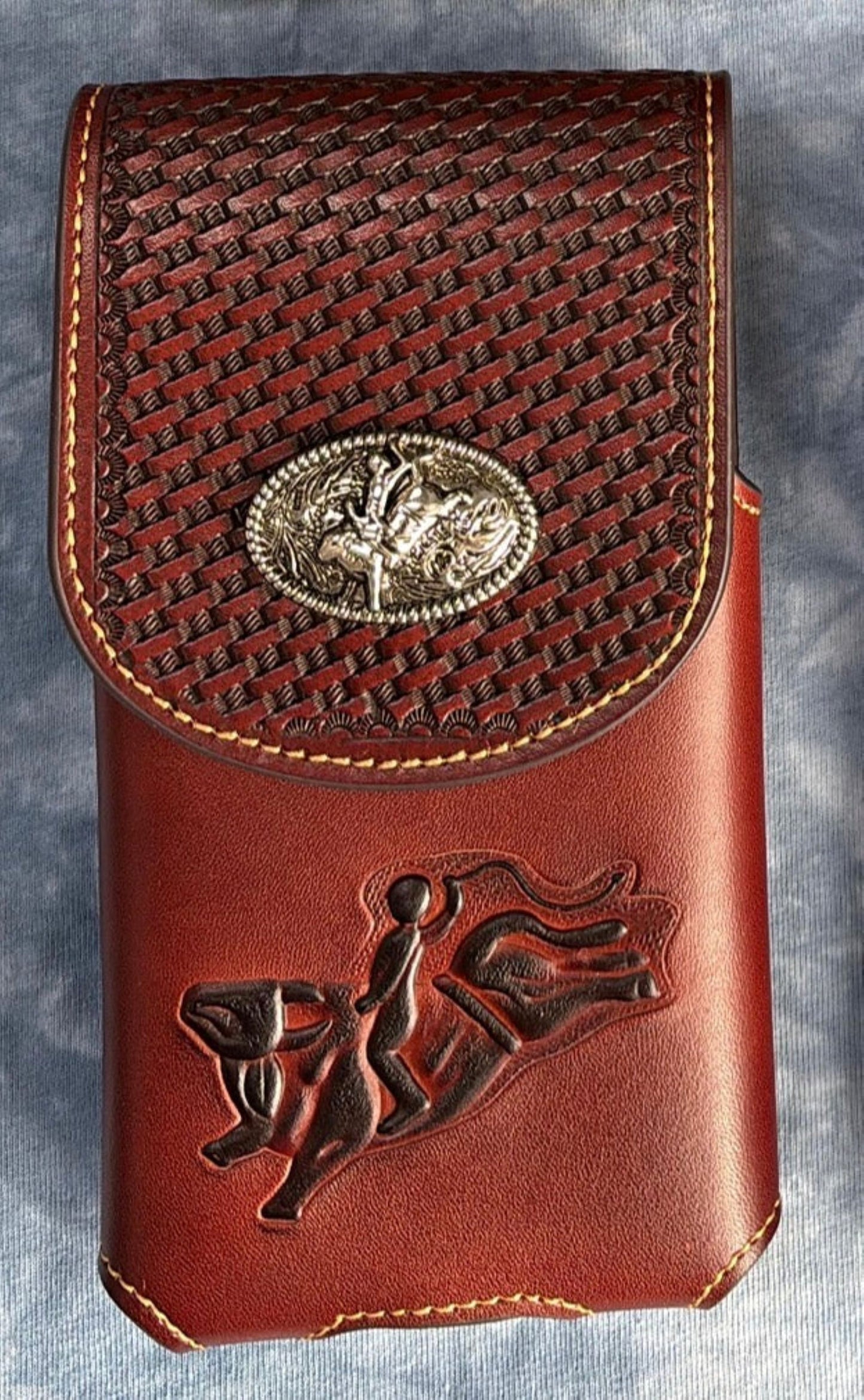 7" RODEO BULL RIDER LEATHER POUCH EXTRA LARGE  BELT LOOP HOLSTER CELL PHONE CASE UNIVERSAL OVERSIZE HANDMADE #EH12966