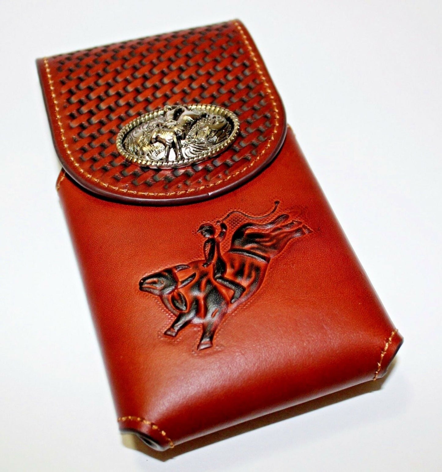 7" RODEO BULL RIDER LEATHER POUCH EXTRA LARGE  BELT LOOP HOLSTER CELL PHONE CASE UNIVERSAL OVERSIZE HANDMADE #EH12966