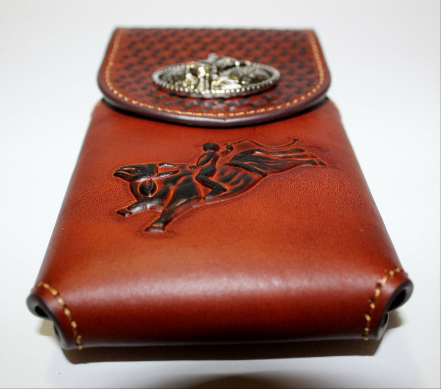 7" RODEO BULL RIDER LEATHER POUCH EXTRA LARGE  BELT LOOP HOLSTER CELL PHONE CASE UNIVERSAL OVERSIZE HANDMADE #EH12966