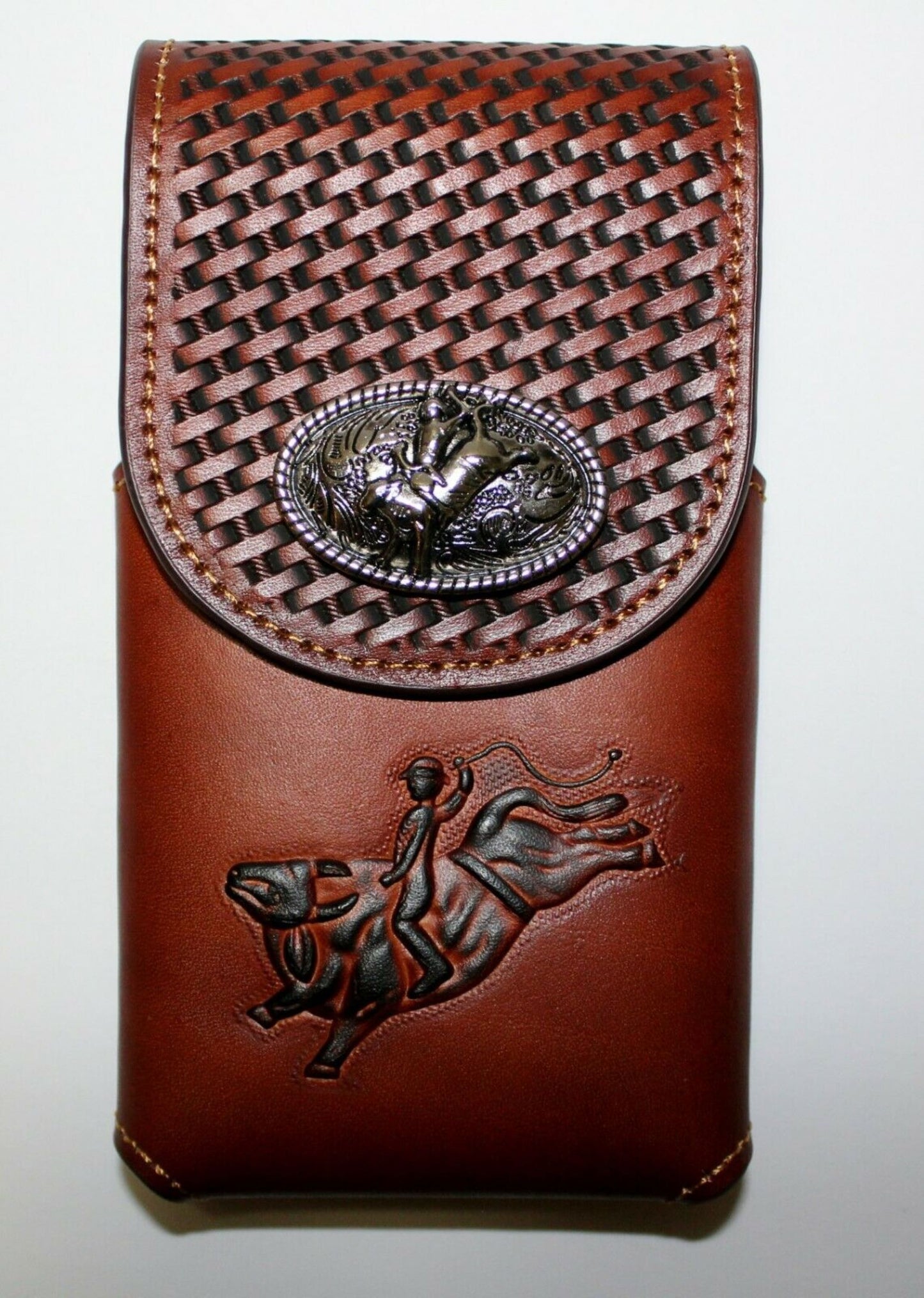 7" RODEO BULL RIDER LEATHER POUCH EXTRA LARGE  BELT LOOP HOLSTER CELL PHONE CASE UNIVERSAL OVERSIZE HANDMADE #EH12966