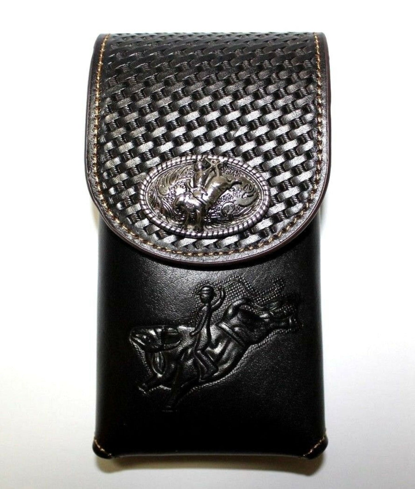 7" RODEO BULL RIDER BLACK LEATHER POUCH EXTRA LARGE  BELT LOOP HOLSTER CELL PHONE CASE UNIVERSAL OVERSIZE HANDMADE #EH12967