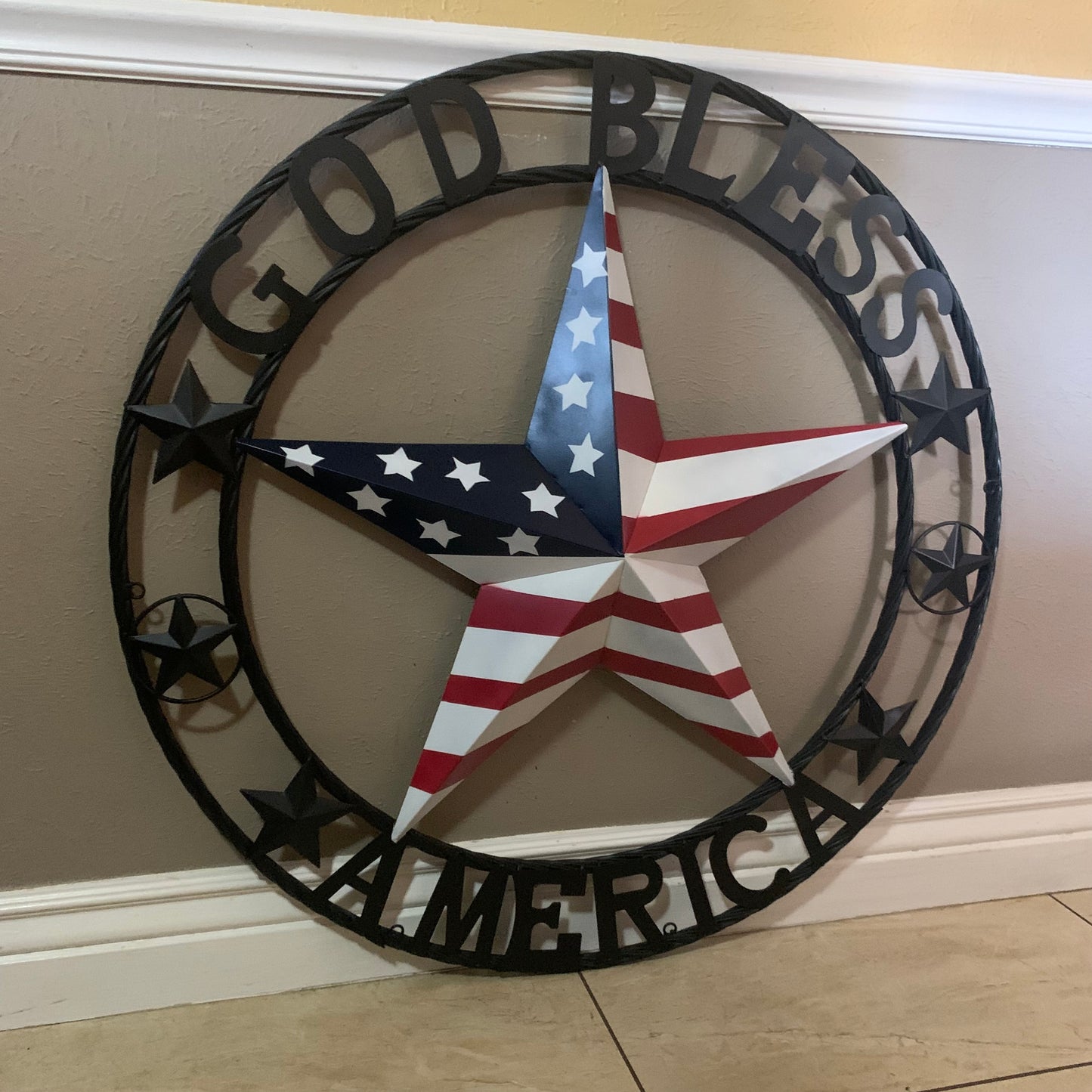 GOD BLESS AMERICA USA FLAG 3d STAR METAL BARN STAR BLACK TWISTED ROPE RING WALL ART WESTERN HOME DECOR RED WHITE & BLUE HANDMADE NEW #EH10490