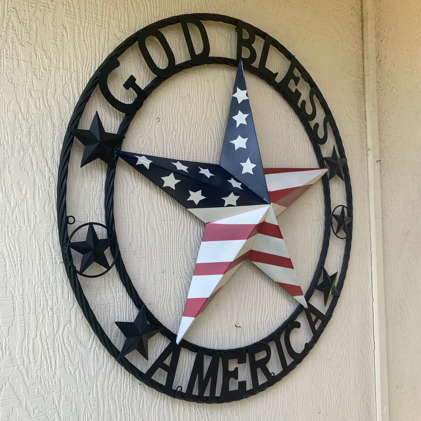GOD BLESS AMERICA USA FLAG 3d STAR METAL BARN STAR BLACK TWISTED ROPE RING WALL ART WESTERN HOME DECOR RED WHITE & BLUE HANDMADE NEW #EH10490