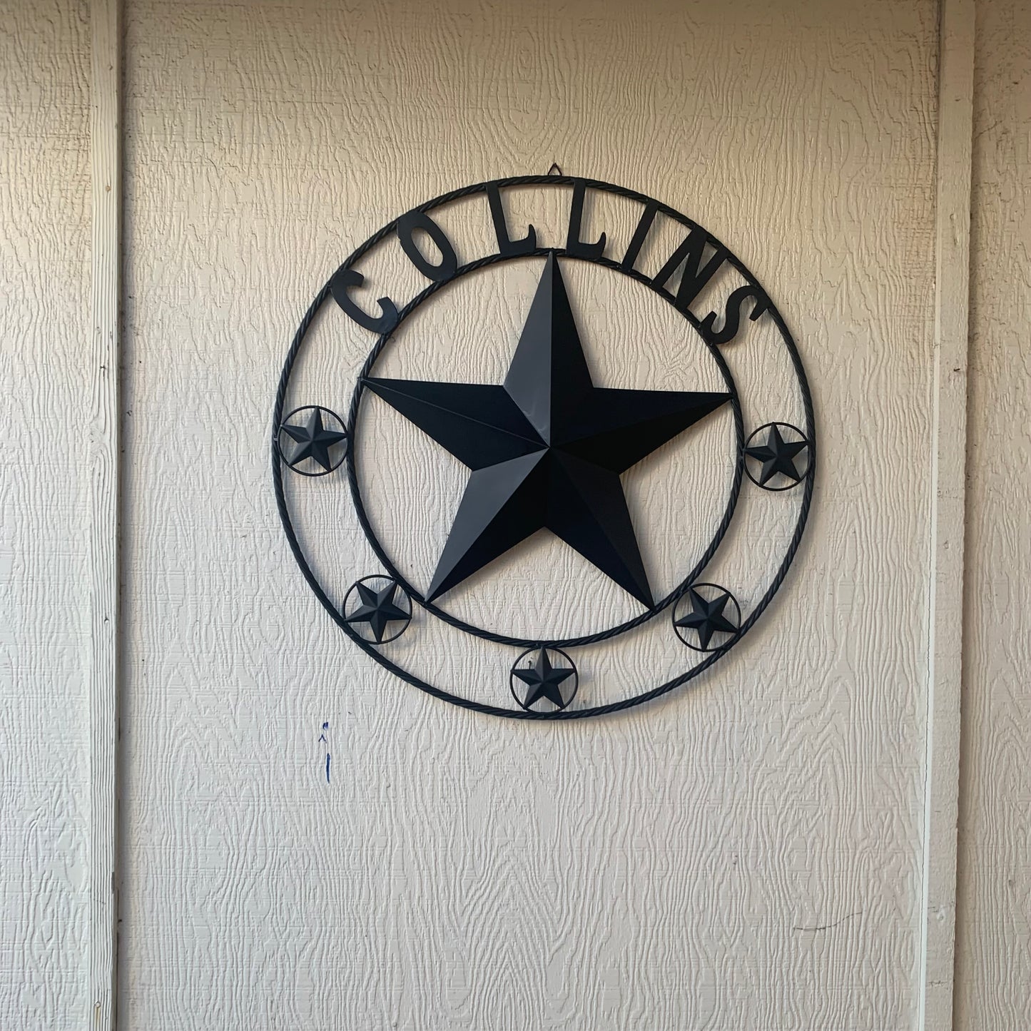 COLLINS STYLE CUSTOM STAR NAME BARN METAL STAR 3d TWISTED ROPE RING WESTERN HOME DECOR RUSTIC BLACK HANDMADE 24",32",36",50"